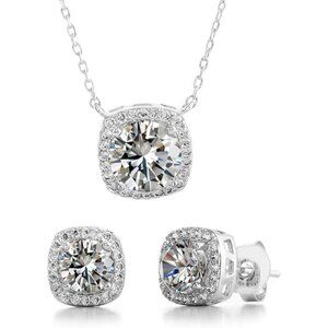 Women's 18 Inch Silver Plated Halo Cushion Shaped Faceted Crystals Jewelry Set
